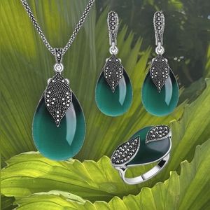 4 piece green opal jewelry set with marcasite stones. Ring sz 7.